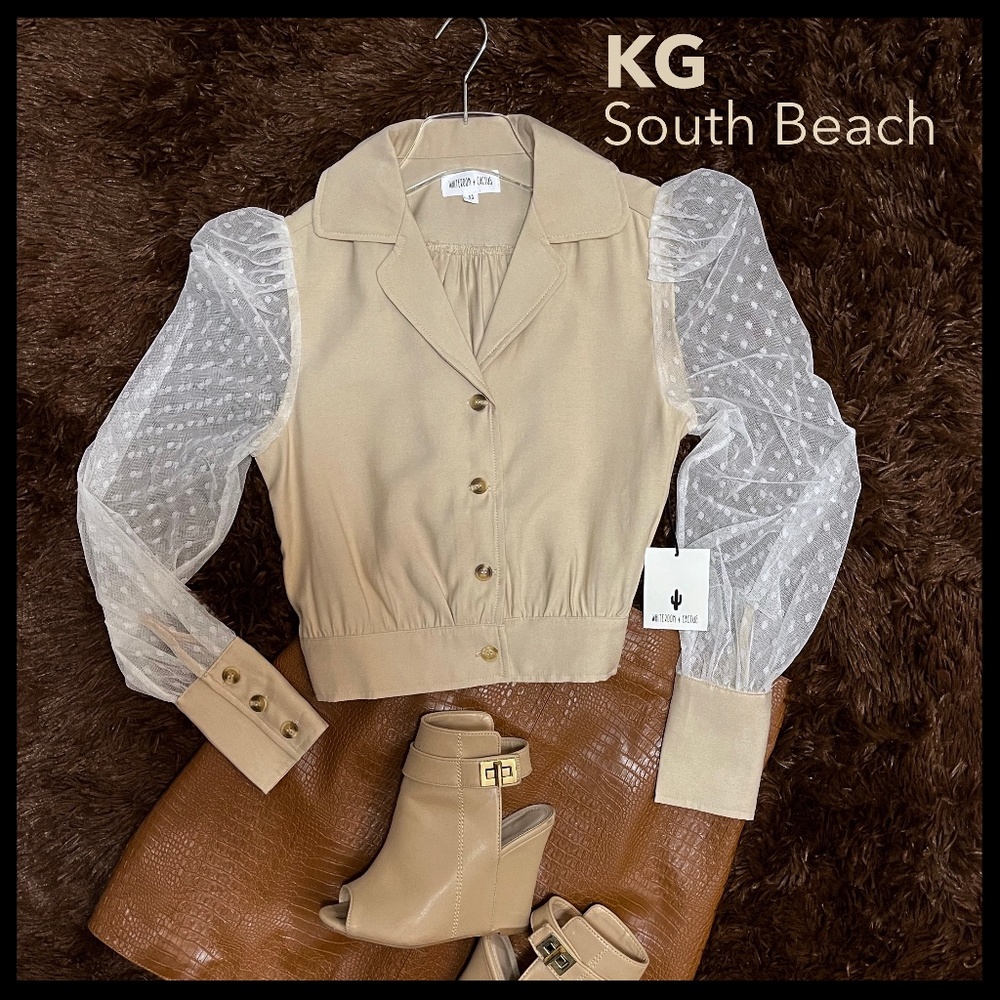 📌 Whiteroom+Cactus Anthro Brand Sheer Dotted Sleeves Dressy Casual Shirt Jacket